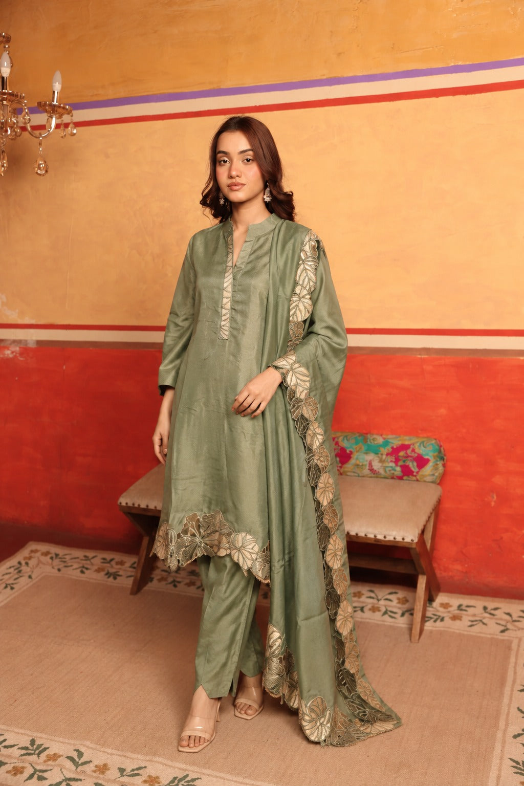 ZAINAT ZARDOSI EMBRIODERED KURTA SET -OLIVE GREEN