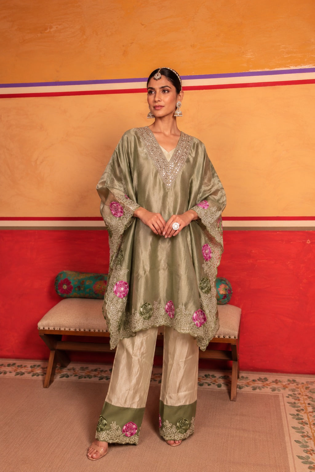 TISSUE KAFTAN WITH PANT-OLIVE