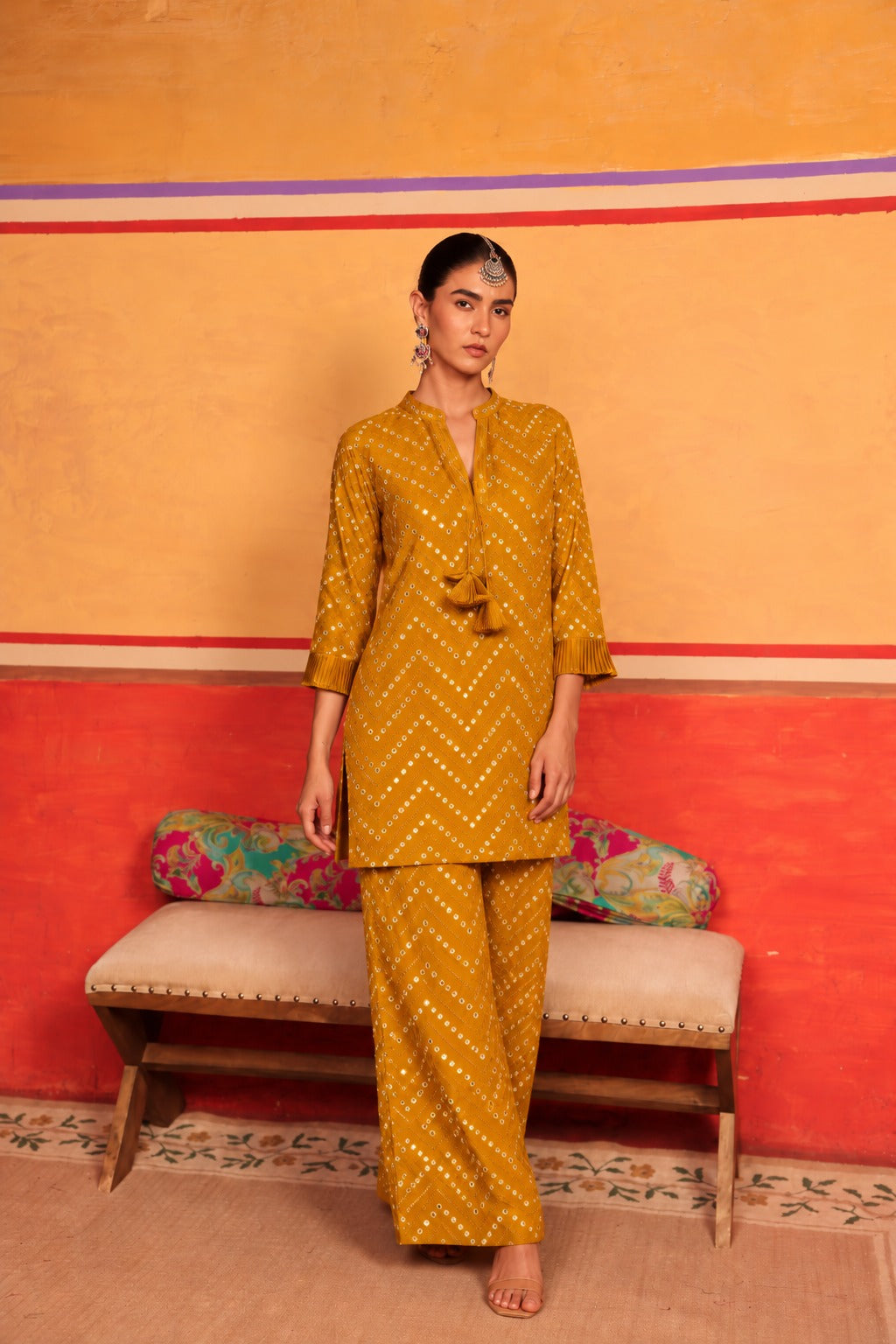 Myra Mirror Work Fragrant Tunic Set - YELLOW