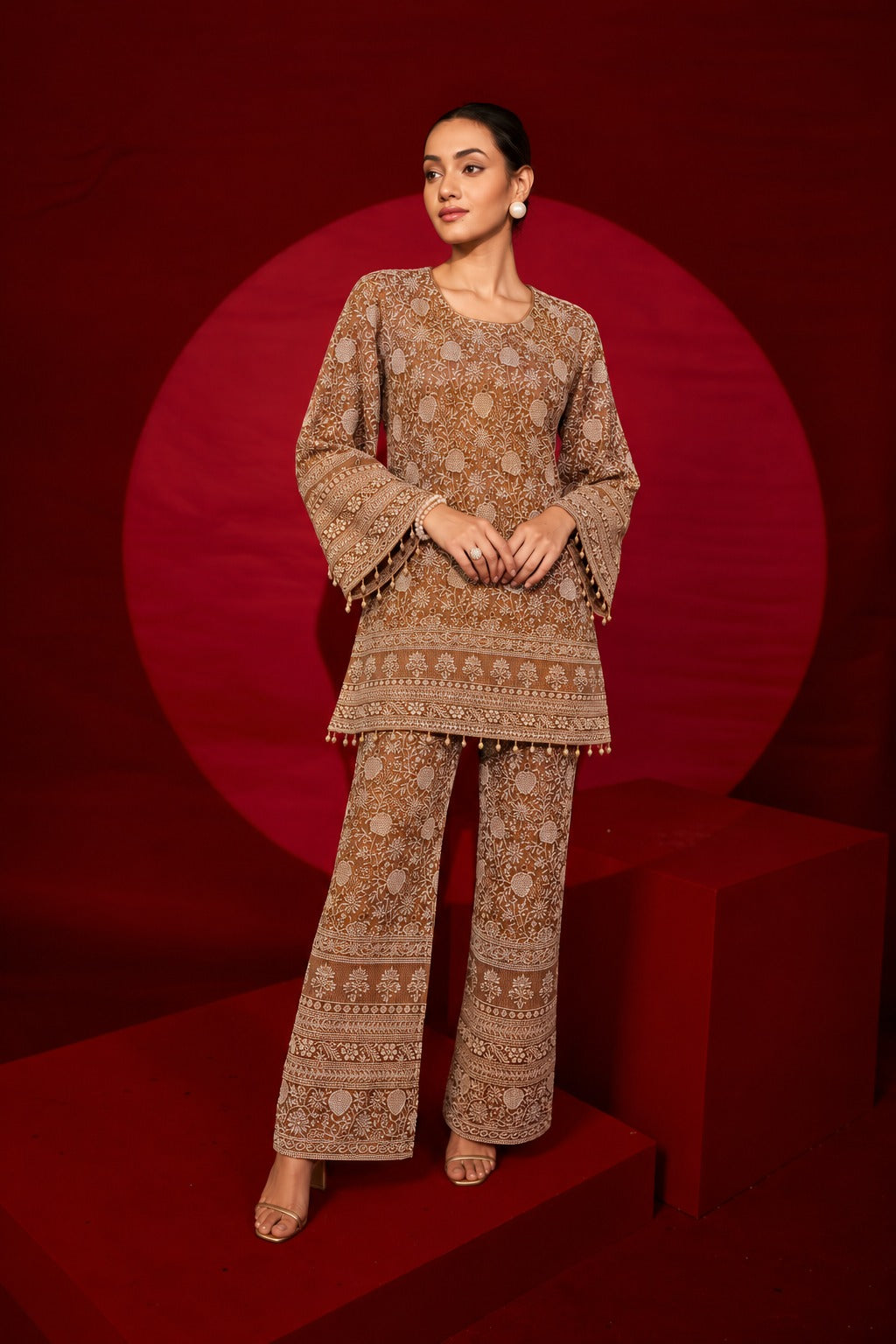 Inaaya Crystal Embroidered Sharara Set - BEIGE