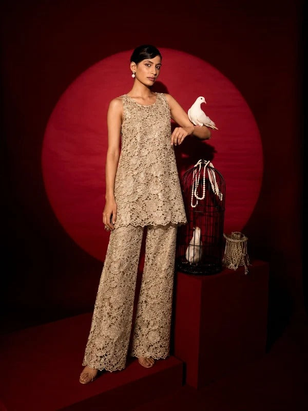 MIRROR WORK SHARARA SET-CREAM