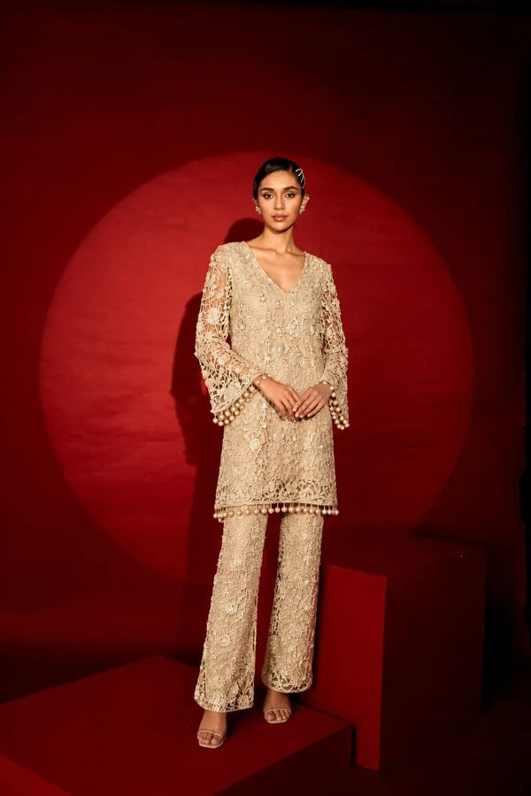 PEARL ELEGANCE EMBROIDERED TUNIC SET-BEIGE