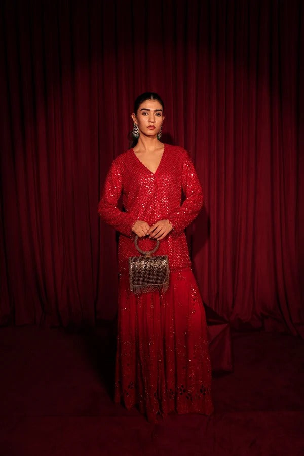 Inaari Red Embroidered Sharara Set