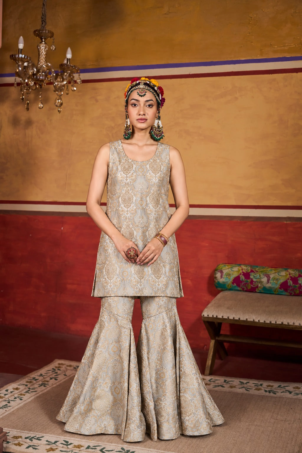 BROCADE KURTA WITH SHARARA PANT-GREY