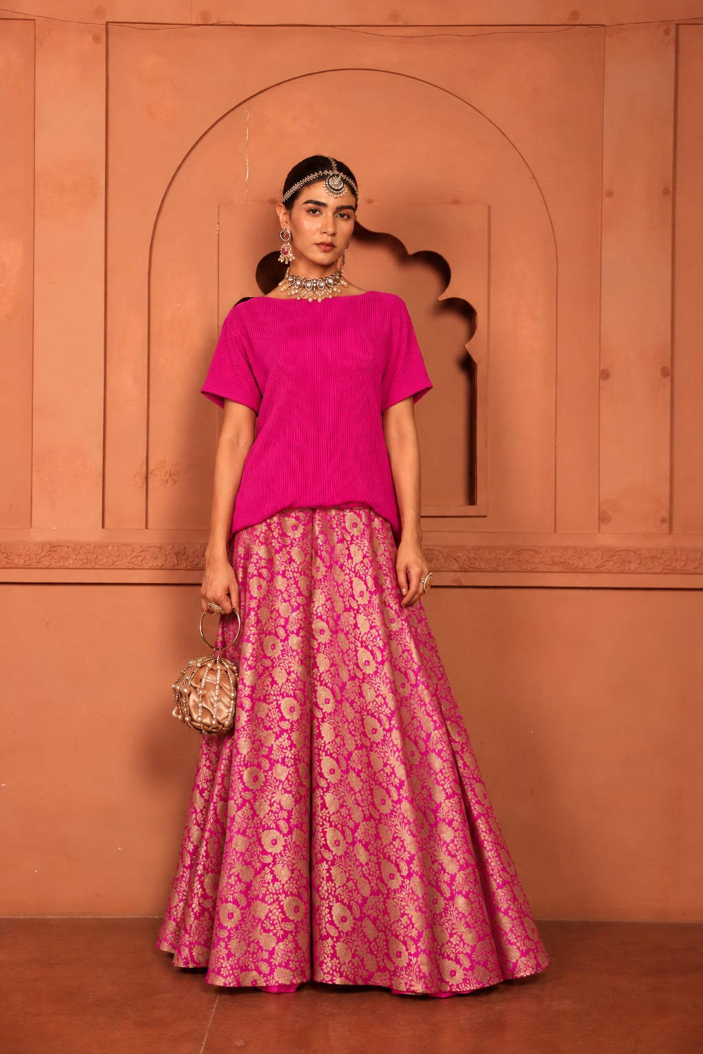 Nora Signature Top with Brocade Ghagra - Fuschia