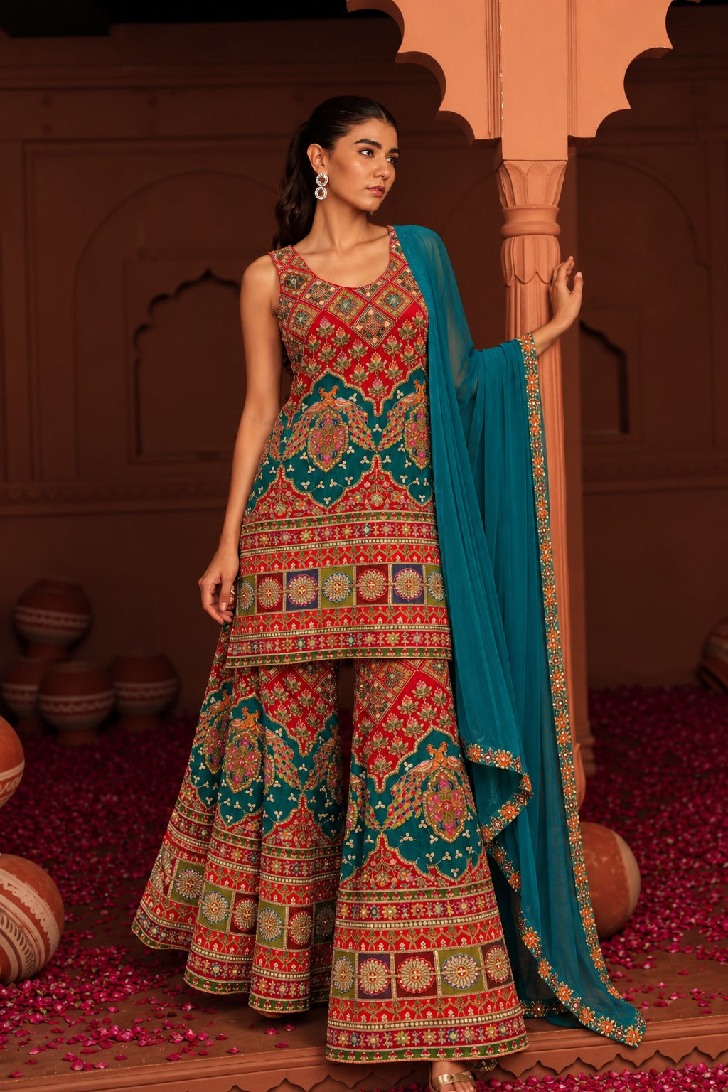 Elizey Paisley Embroidered in cut Sharara Set - Red