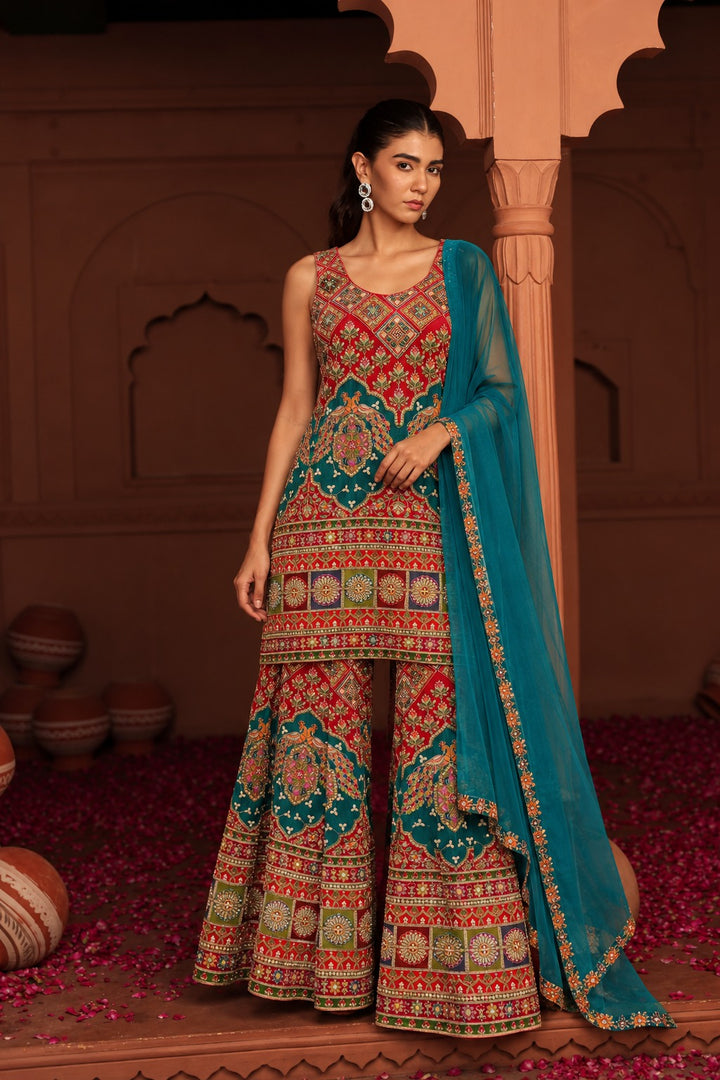 Elizey Paisley Embroidered in cut Sharara Set - Red