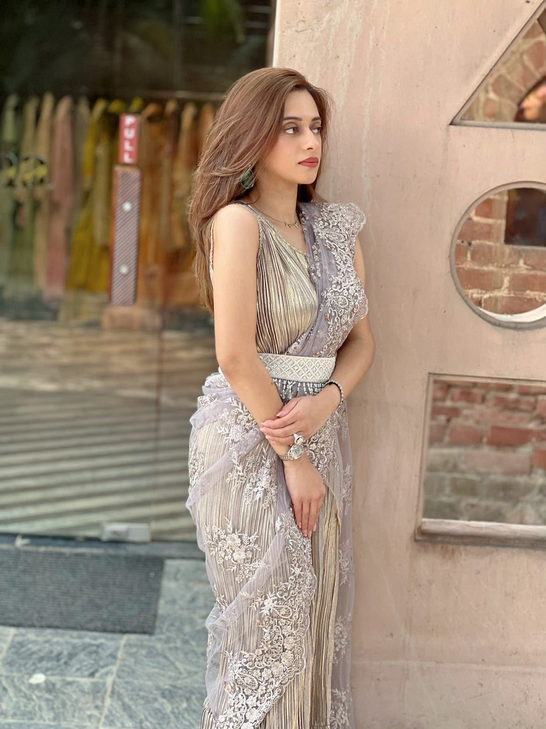 Siya Yadav in our Idylic Gown Saree - Metallic Silver & Gold