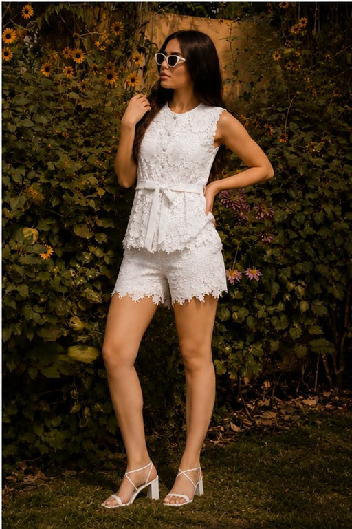 MYRA MESH WAISTCOAT AND SHORTS SET - IVORY