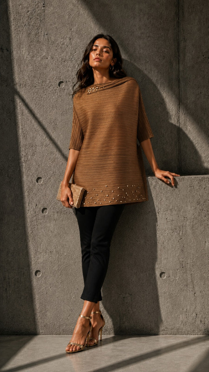 Turtle Top With Pearl Embellishment - Beige