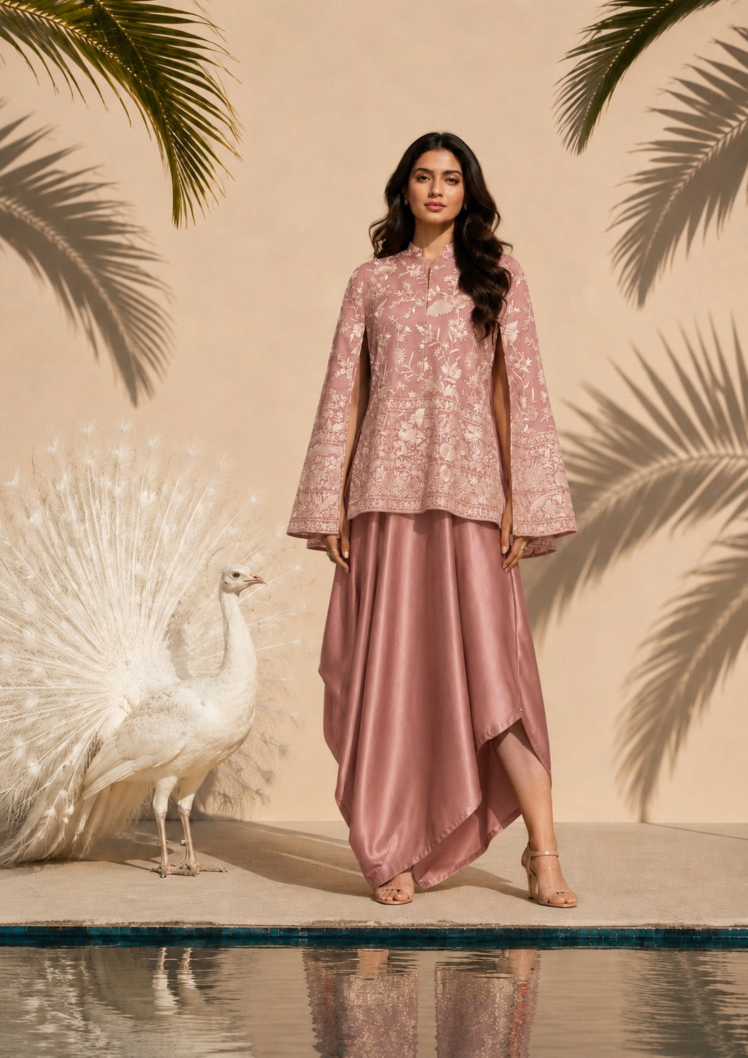 REYNA GARA GLAZED CAPE JACKET WITH SLIP EASY DRESS - PINK