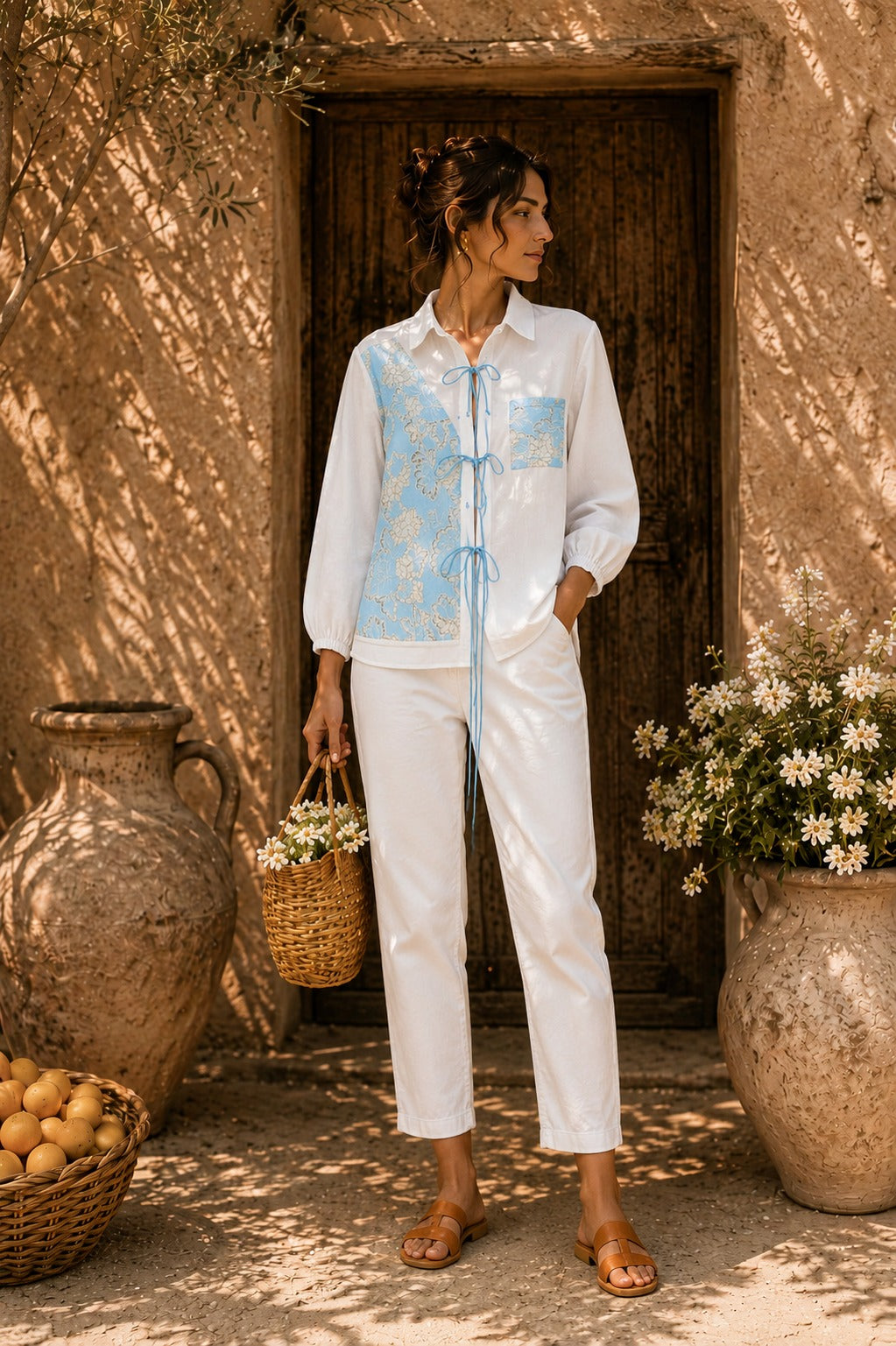 Camelia crotchet shirt with patch work - Ivory & blue