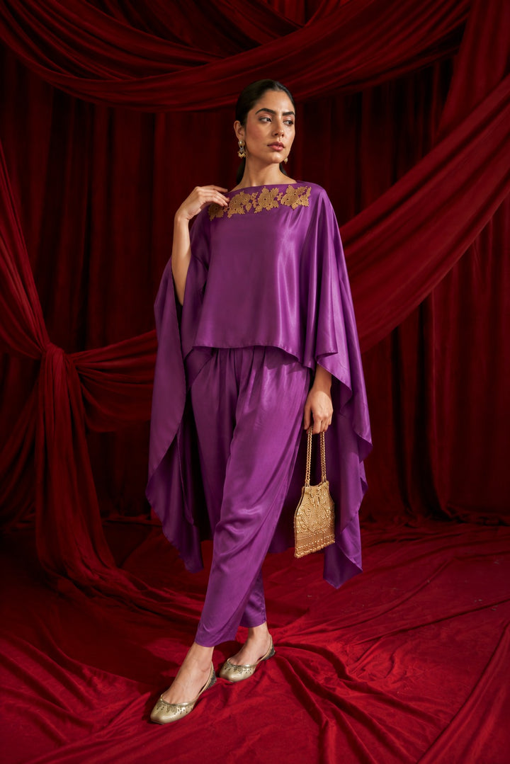 DIVINE EMBROIDERED CAPE CO-ORD SET -PURPLE