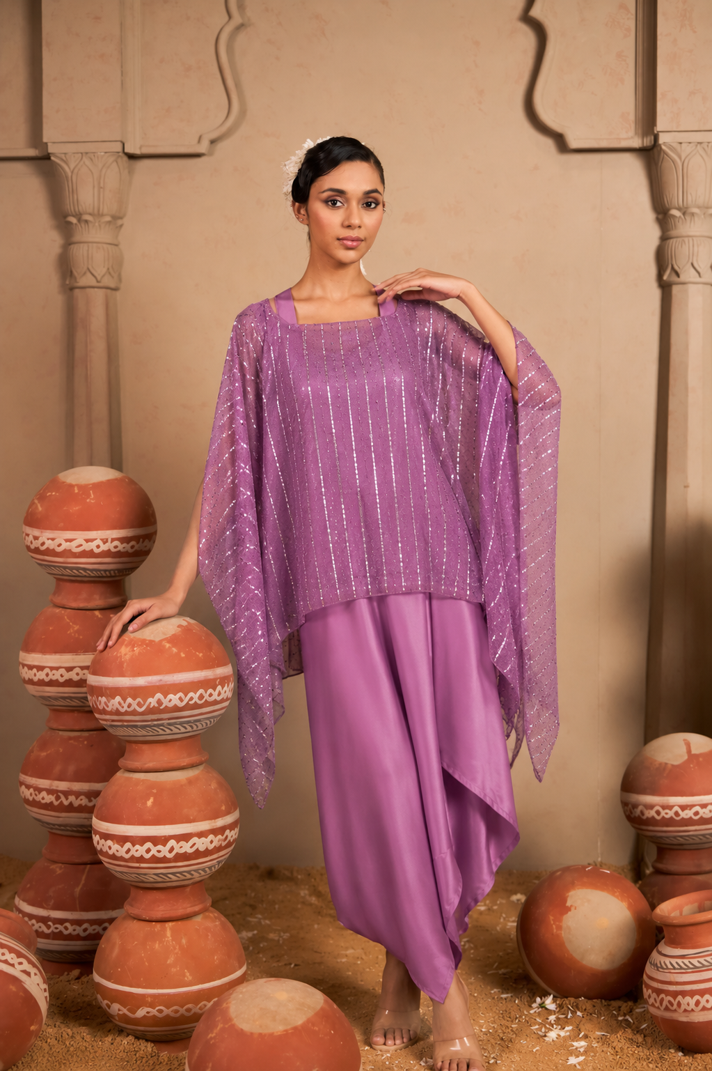 Slip Easy Dress with Sequins Metallic Cape - Purple