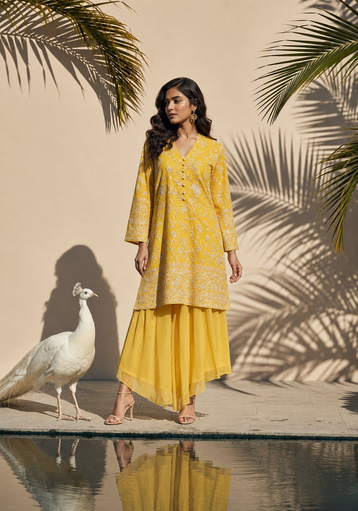 REYNA GARA GLAZED KURTA WITH PLAZO - YELLOW