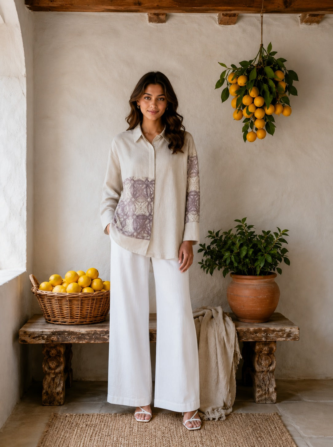 CAMELLIA CROTCHET SHIRT WITH PATCHWORK - IVORY & PURPLE