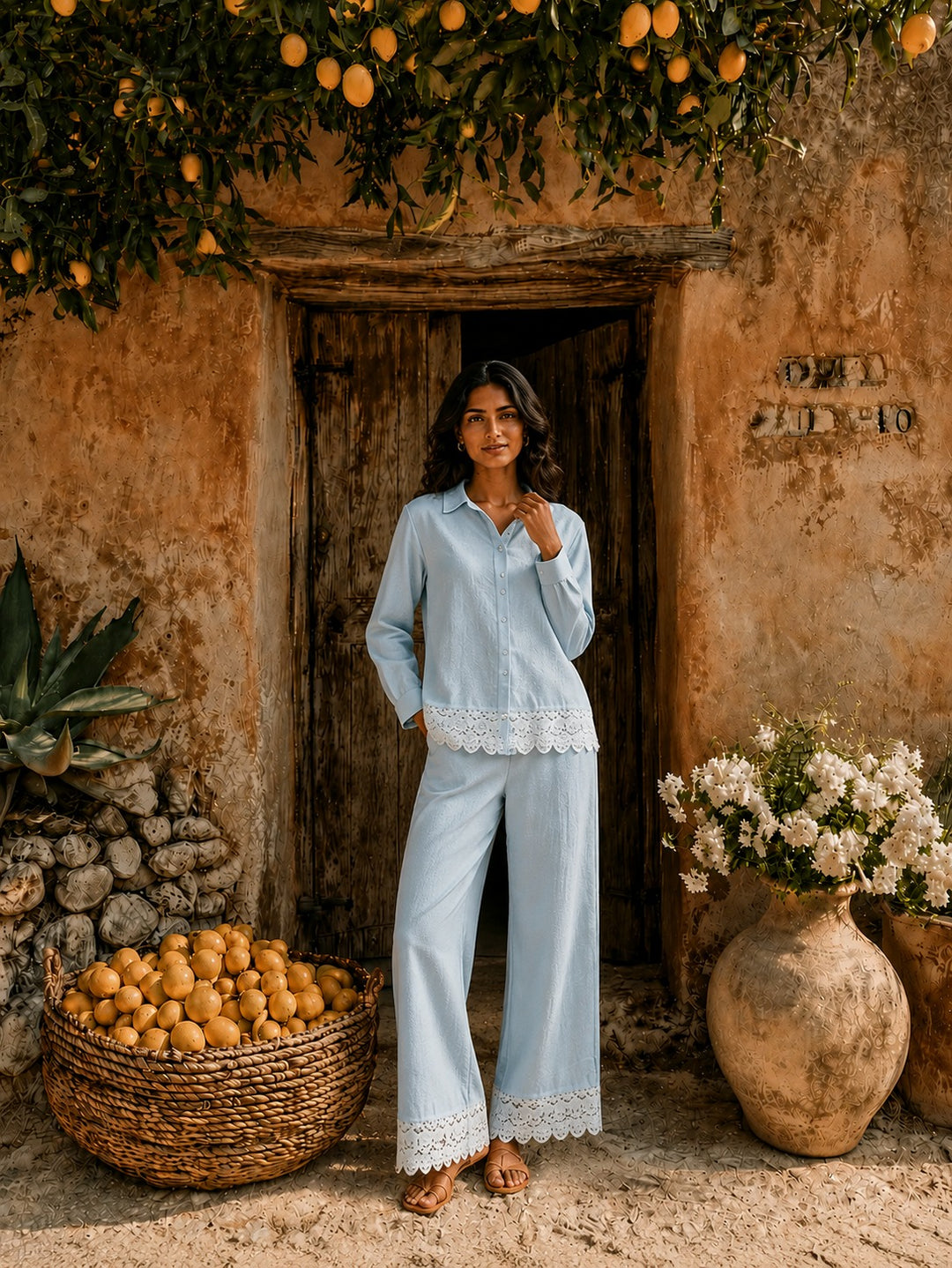Cameron Cutwork Shirt Set - Powder Blue