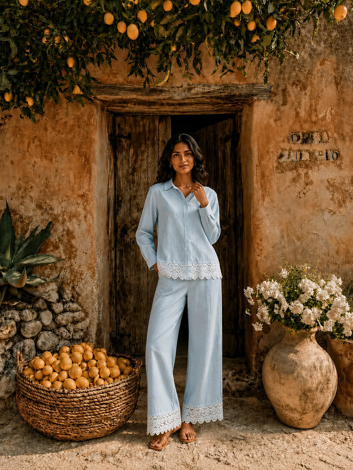 Cameron Cutwork Shirt Set - Powder Blue