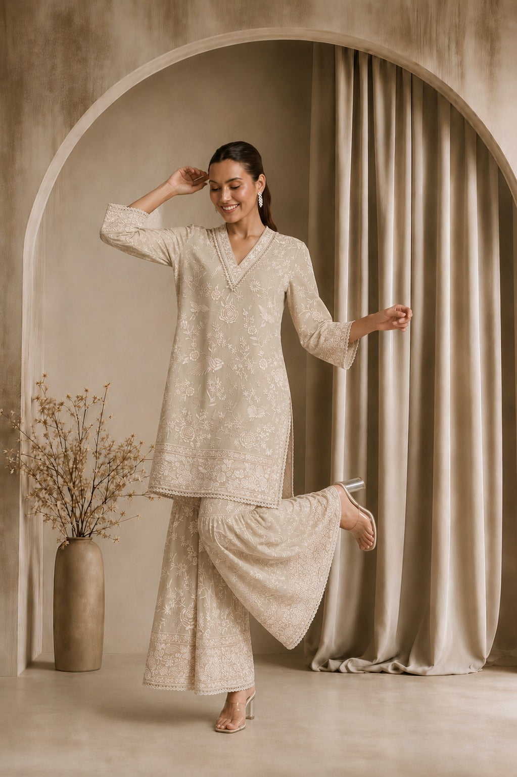 REYNA GLAZED KURTA WITH SHARARA - BEIGE