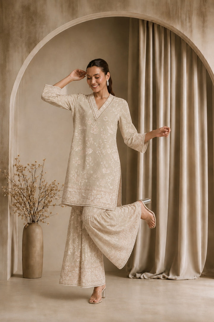 REYNA GLAZED KURTA WITH SHARARA - BEIGE