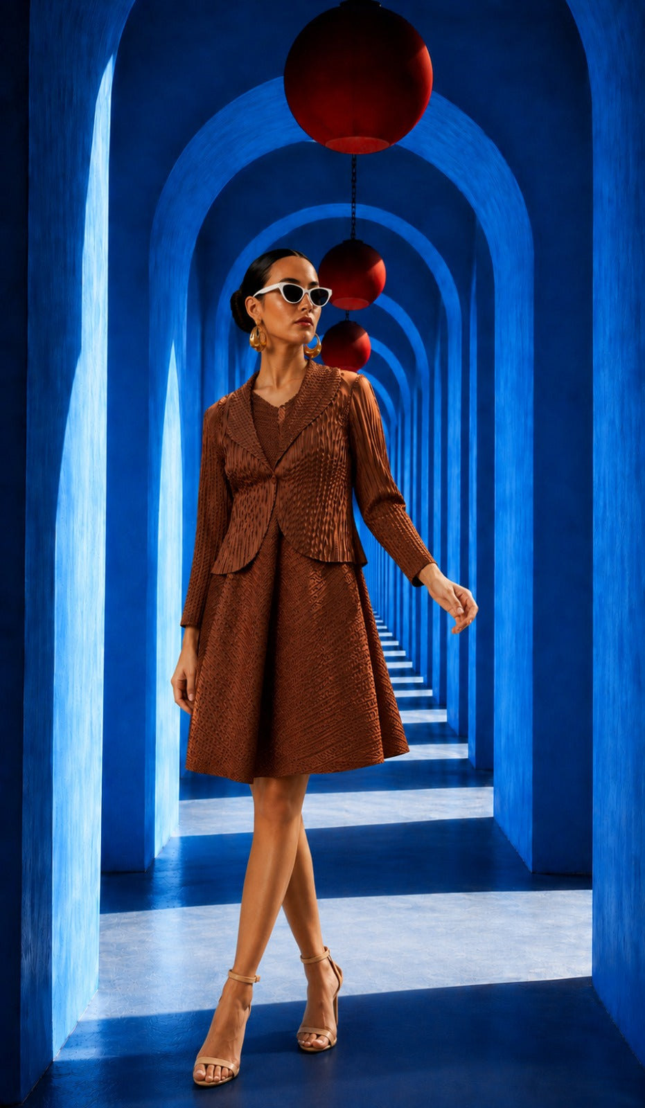 Zouave Pleated Smoked Dress with Bolero Jacket - Fawn