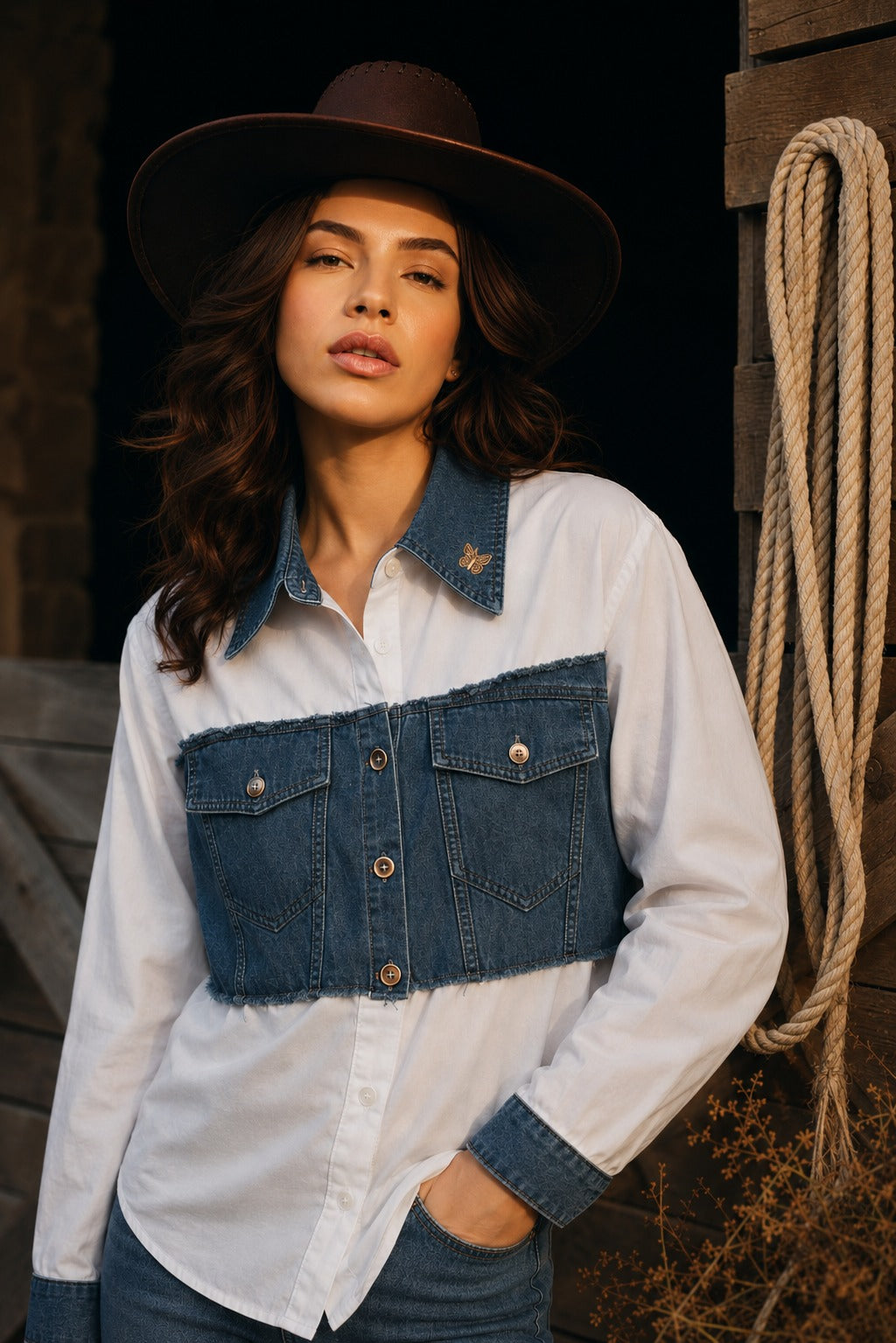 DARYL WHITE DENIM DISTRESSED SHIRT-WHITE