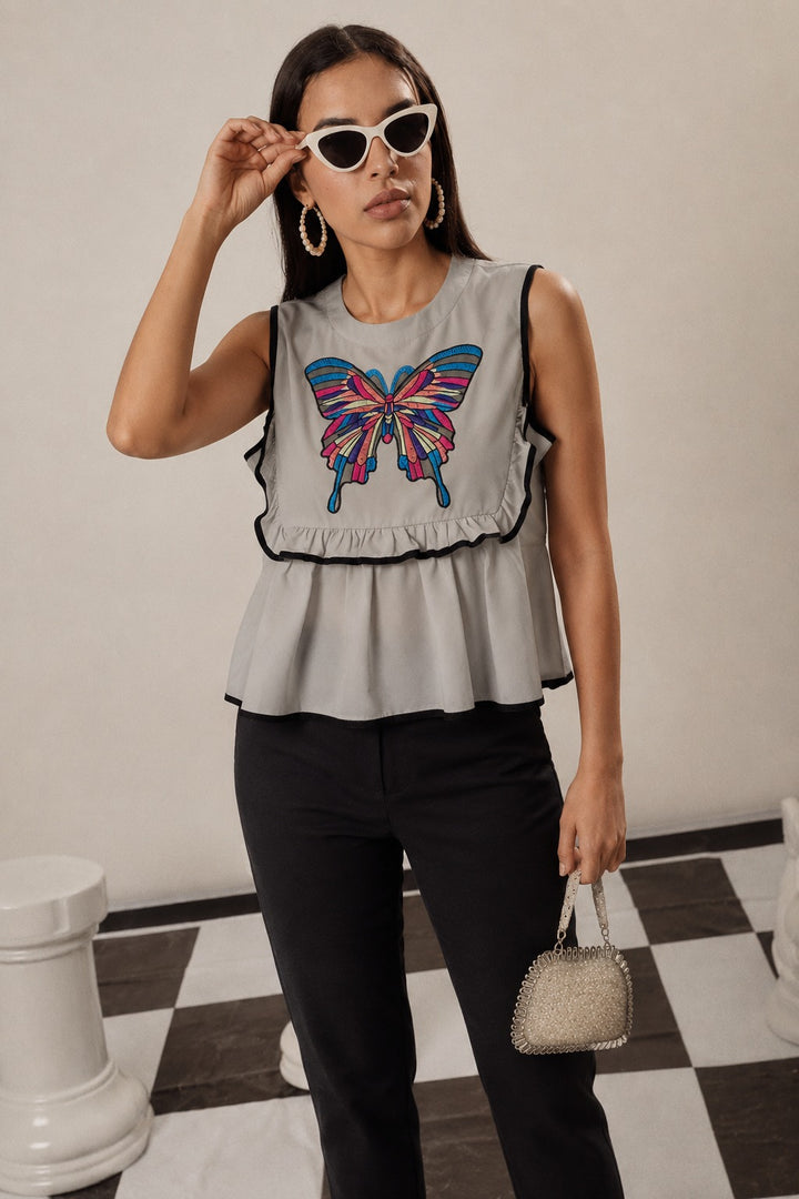 BUTTERFLY PATCHWORK TOP - GREY