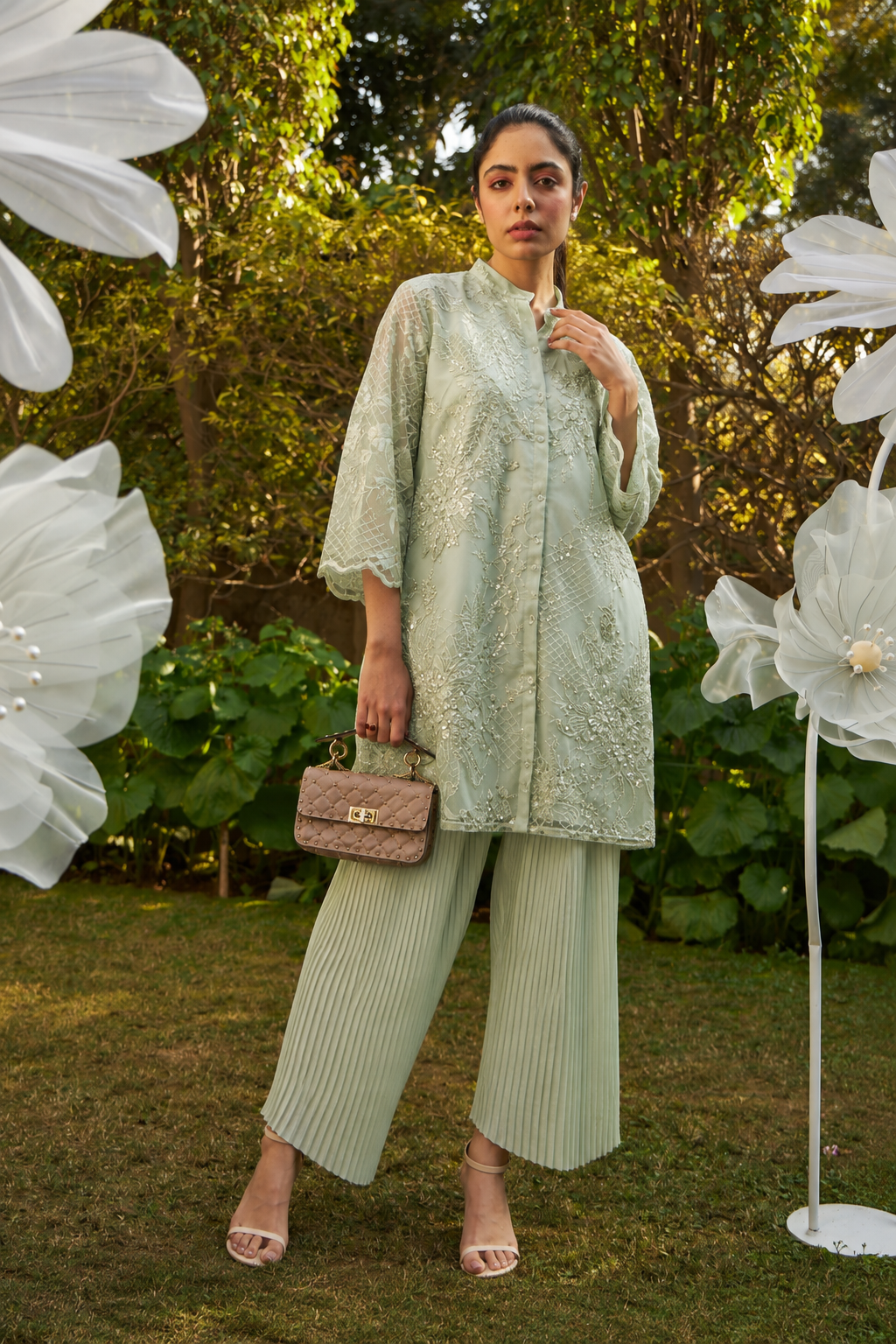 Fragrant Floral Tunic Set - Pistachio
