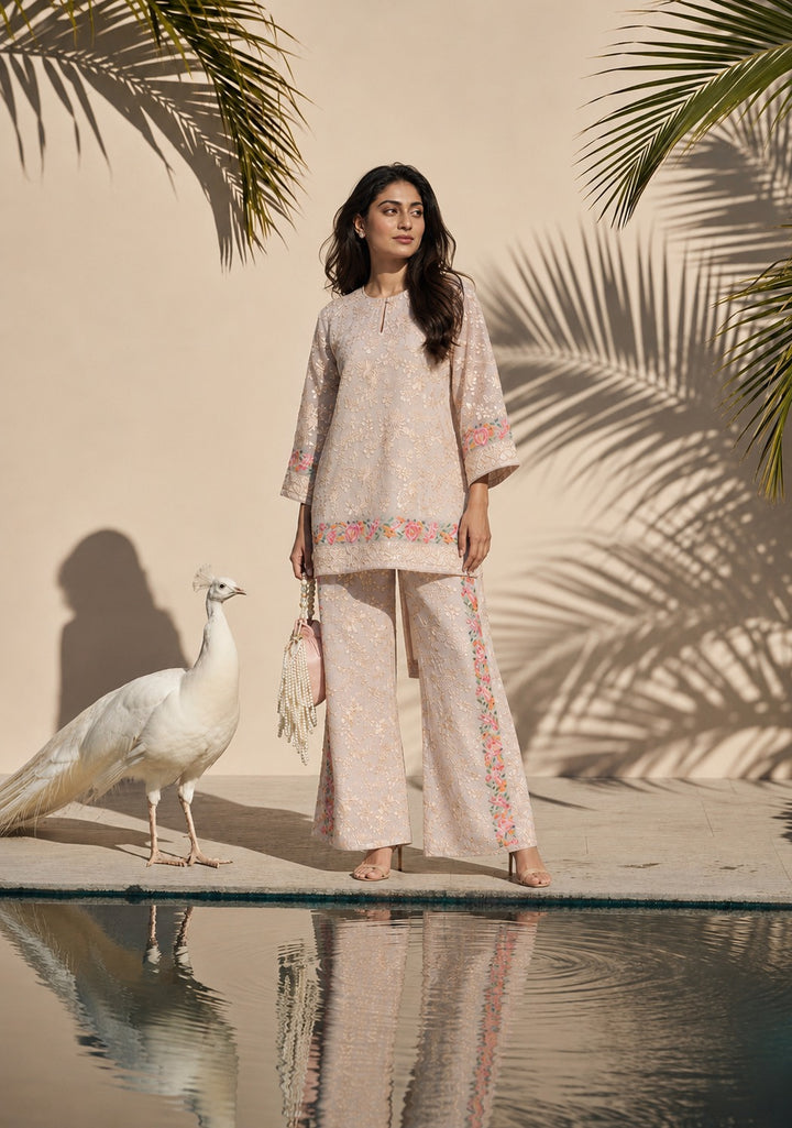 Reyna Gara Rose Dust Kurta with Slit Pant - Beige