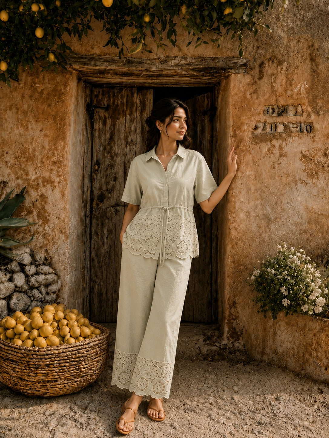 Cameron Cotton Cutwork Coord Set - Sage Green