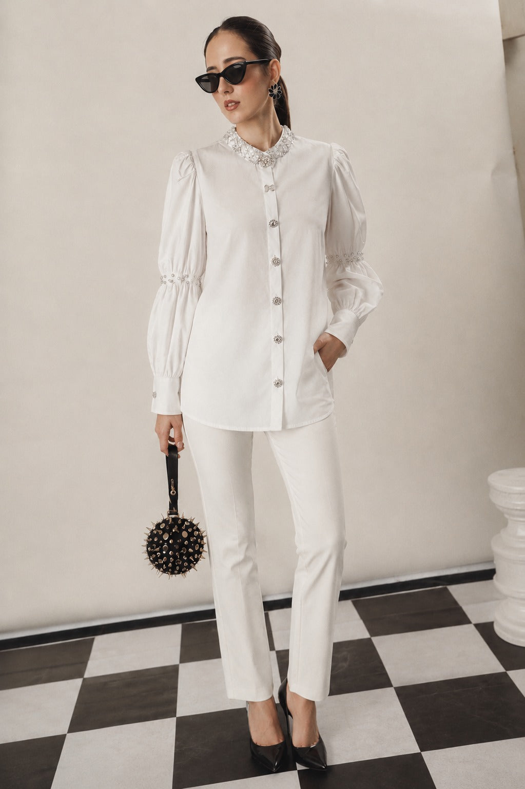 BEATRIX BEJEWELLED PUFFY SLEEVE- WHITE