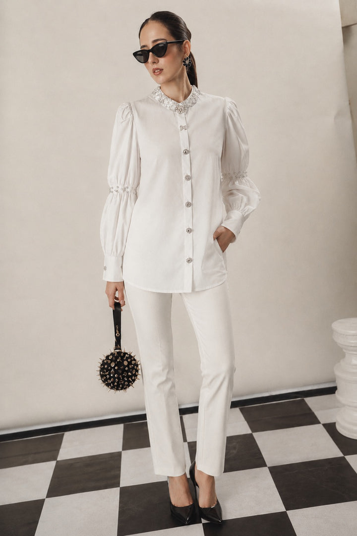 BEATRIX BEJEWELLED PUFFY SLEEVE- WHITE