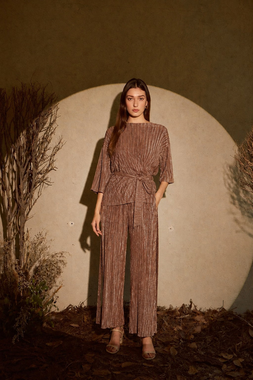 Milan Metallic Madelyn Pleated Co-ord Set - bronze