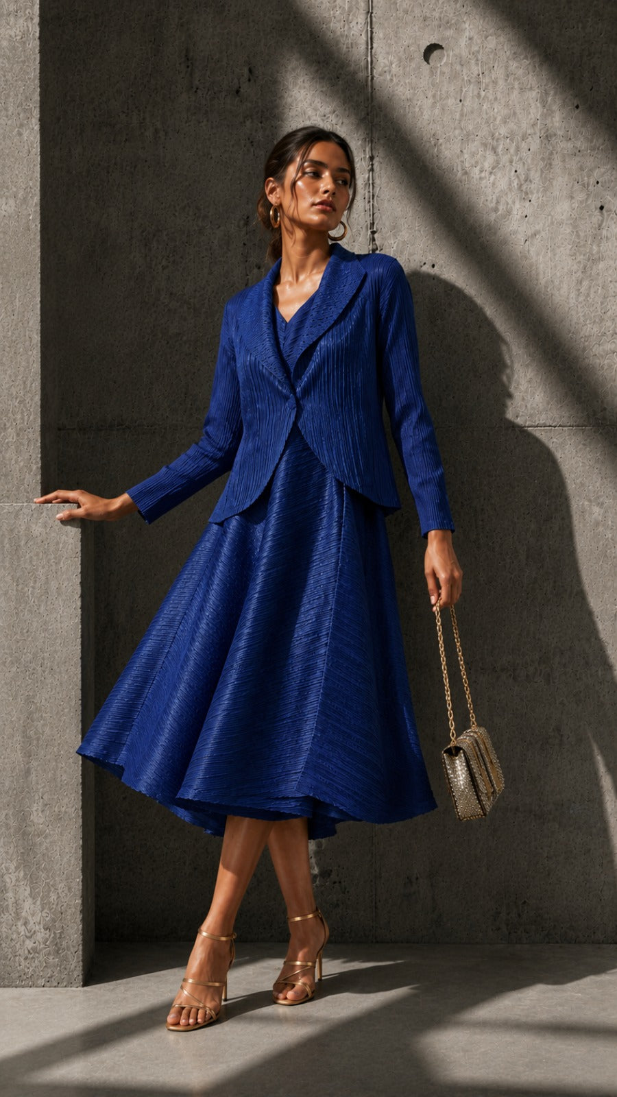 Zouave Pleated Smoked Dress with Bolero Jacket - Cobalt Blue