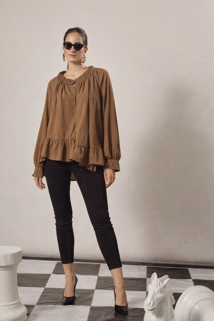 FABIAN FLOUNCY TIE ME UP TOP-BEIGE