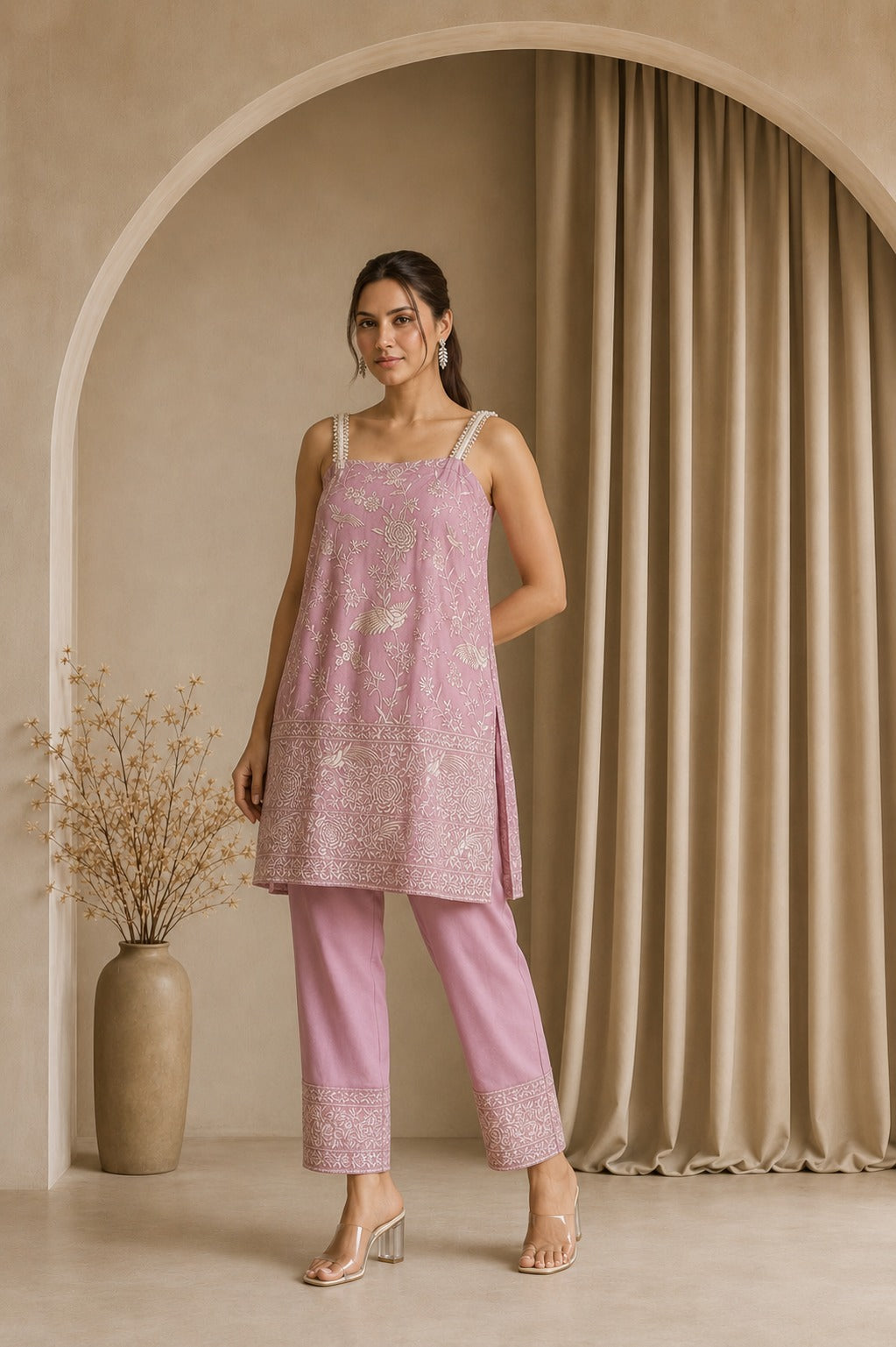 REYNA GARA GLAZED TUNIC WITH PANTS - PINK