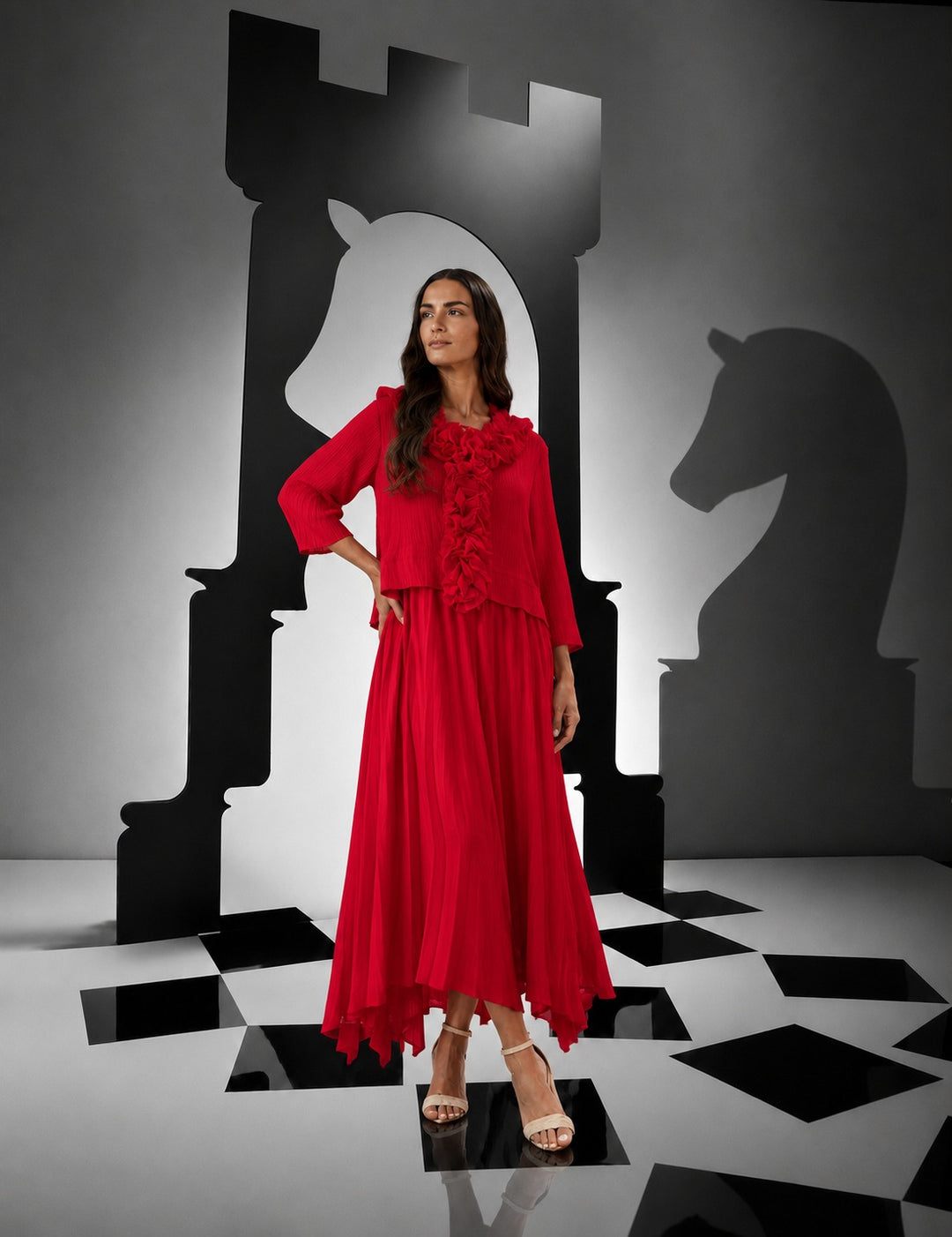 Raspberry Ruffle Long Flared Dress - Rose