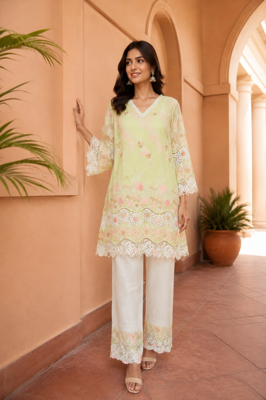 Myra Mesh Floral Lace Kurta With Pants -Yellow Rose