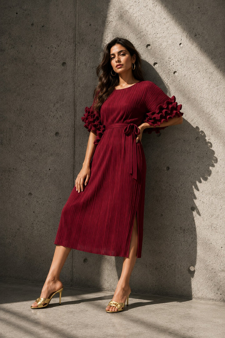 Rosalynn Ruffle Sleeved Dress - burgundy