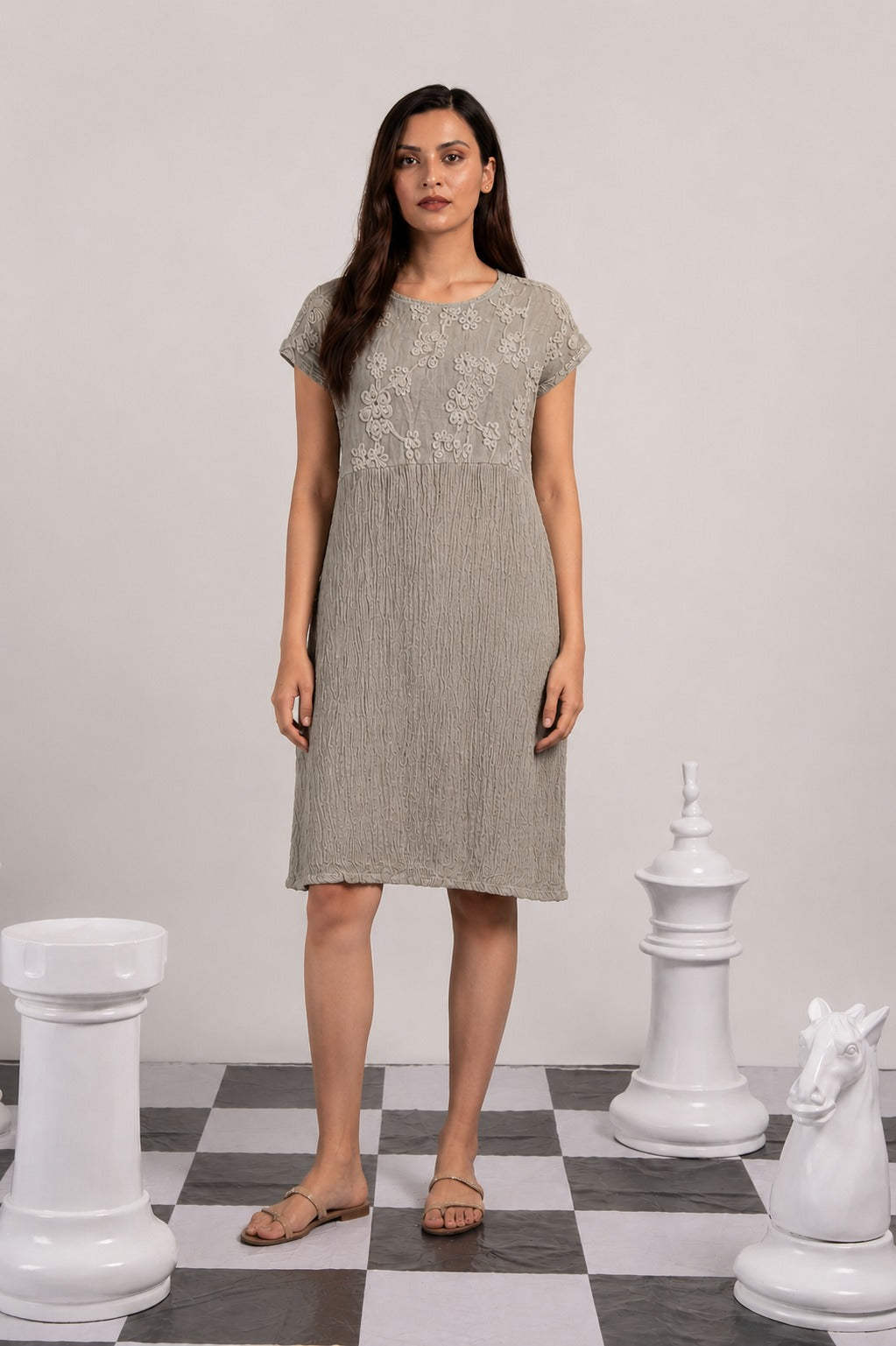 COTTON EMBROIDERY DRESS - GREY