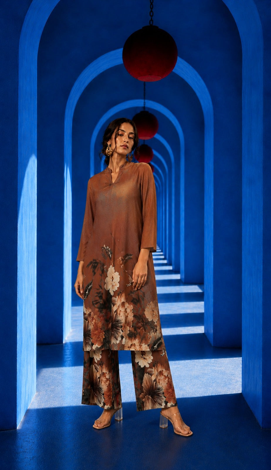 Flowering Ivy Tunic Co-ordinated With Flared Plazzo Tan