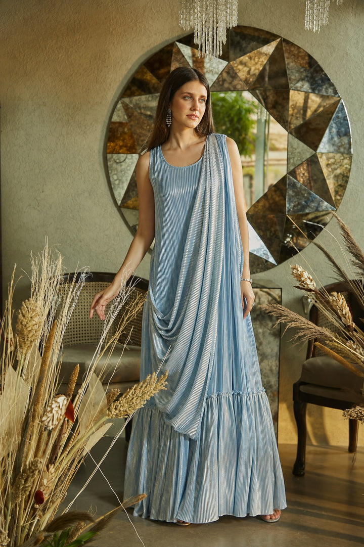 CLASSY PLEATED GOWN SAREE - METALLIC POWDER BLUE