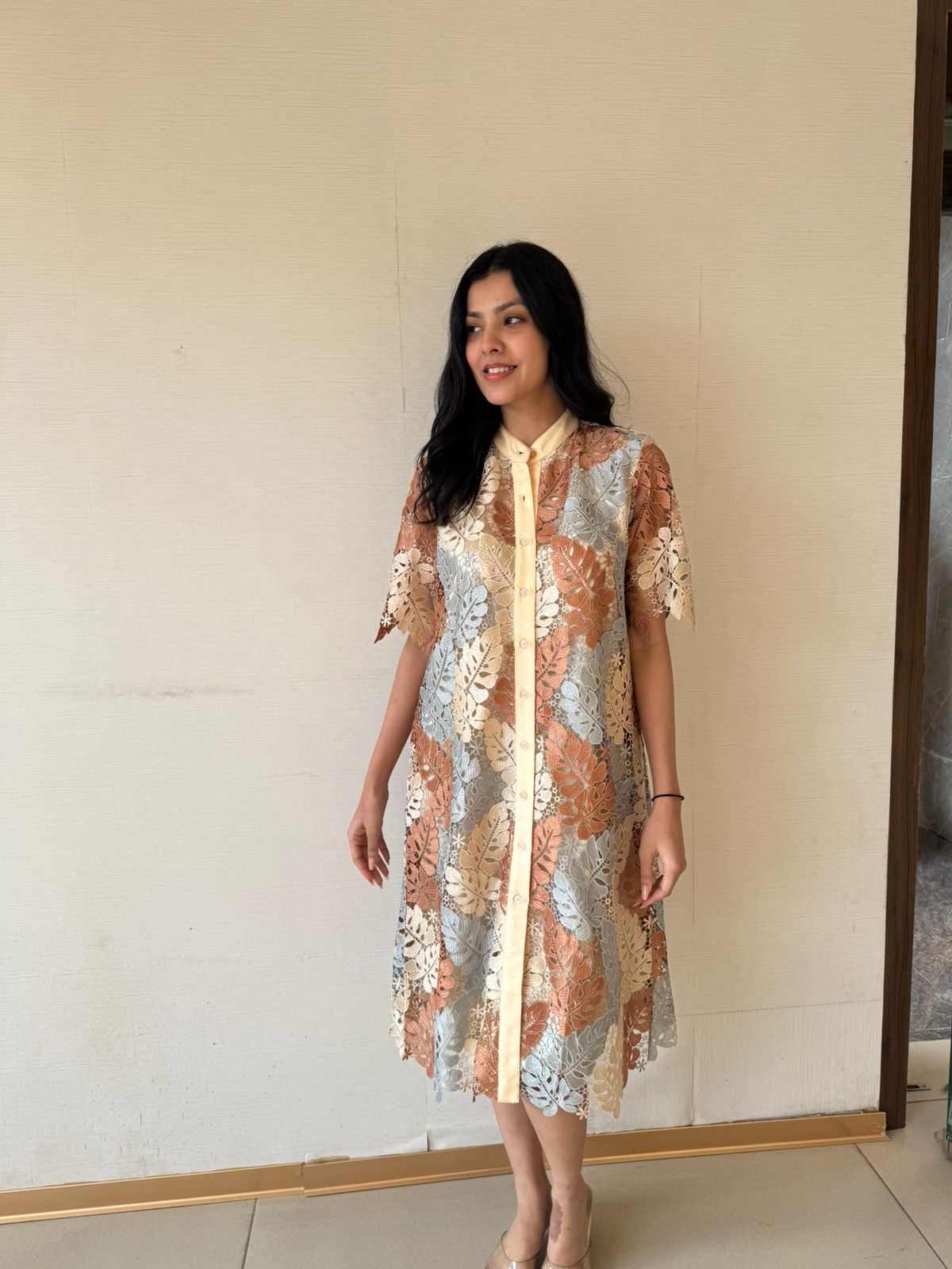 Myra Mesh Rowan Midi Dress - Beige & Blue