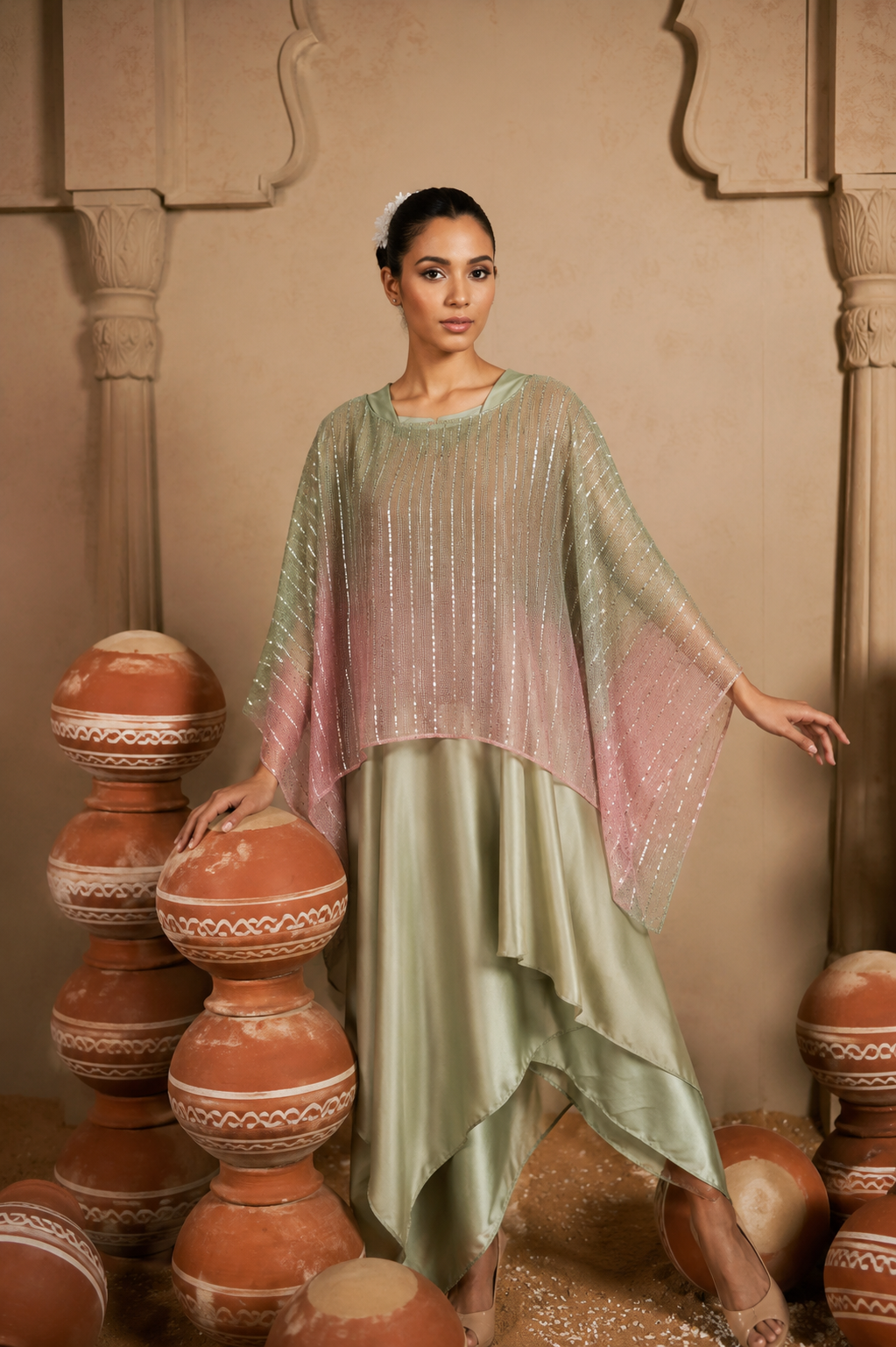Slip Easy Dress with Sequins Metallic Cape - Pistachio