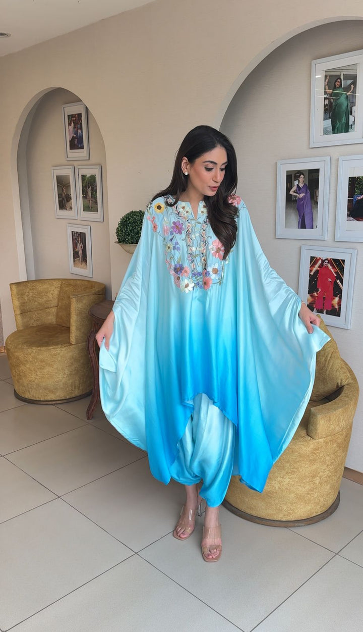 Divine Embroidered Cape with Drape Pant - Blue Ombre
