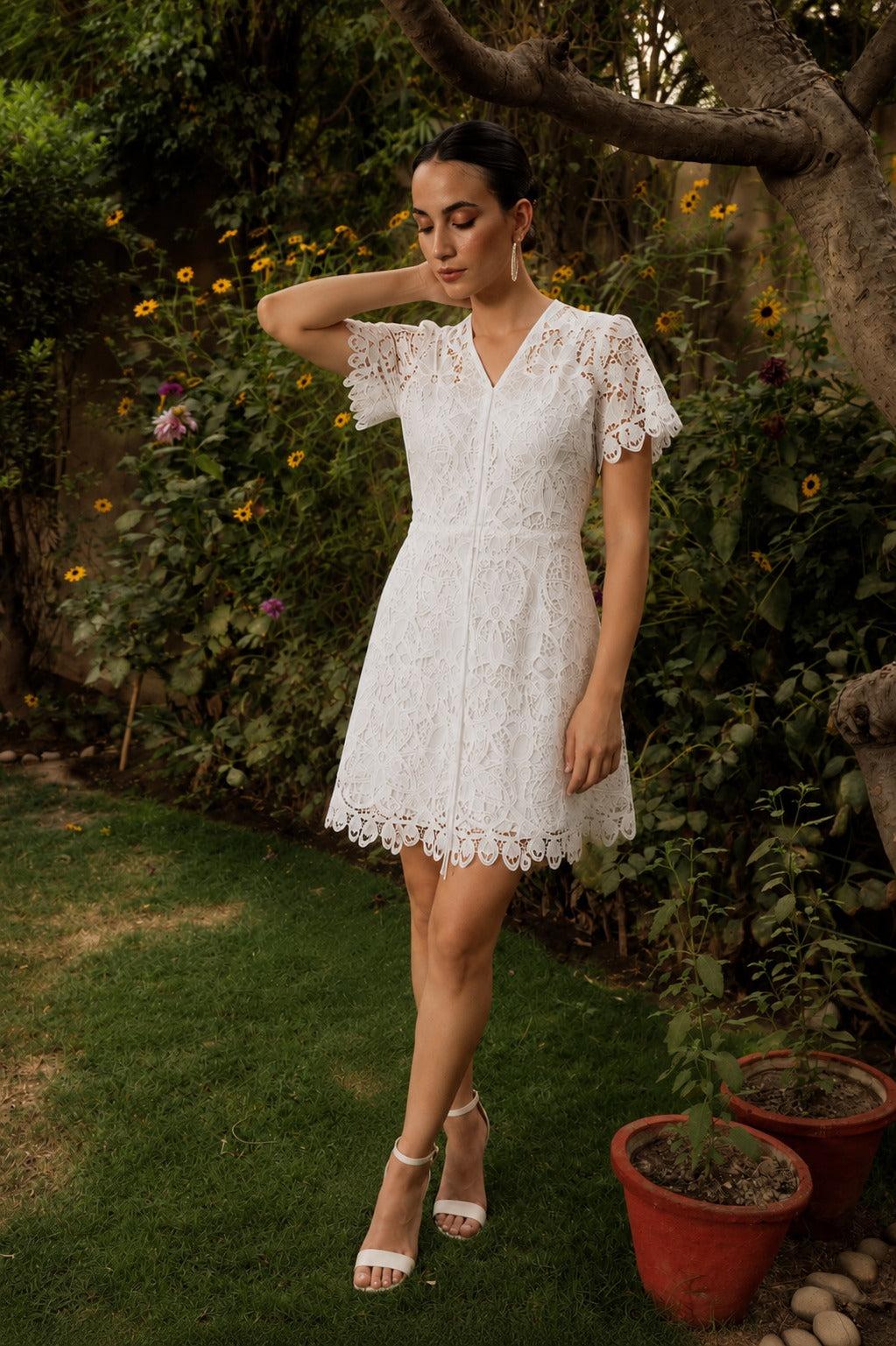 MYRA MESH CUTWORK SKATER DRESS - IVORY