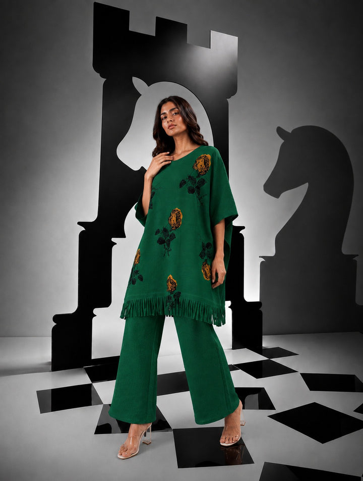 Lowyl Rosy Fringe Tunic Set with Scarf - Emerald green