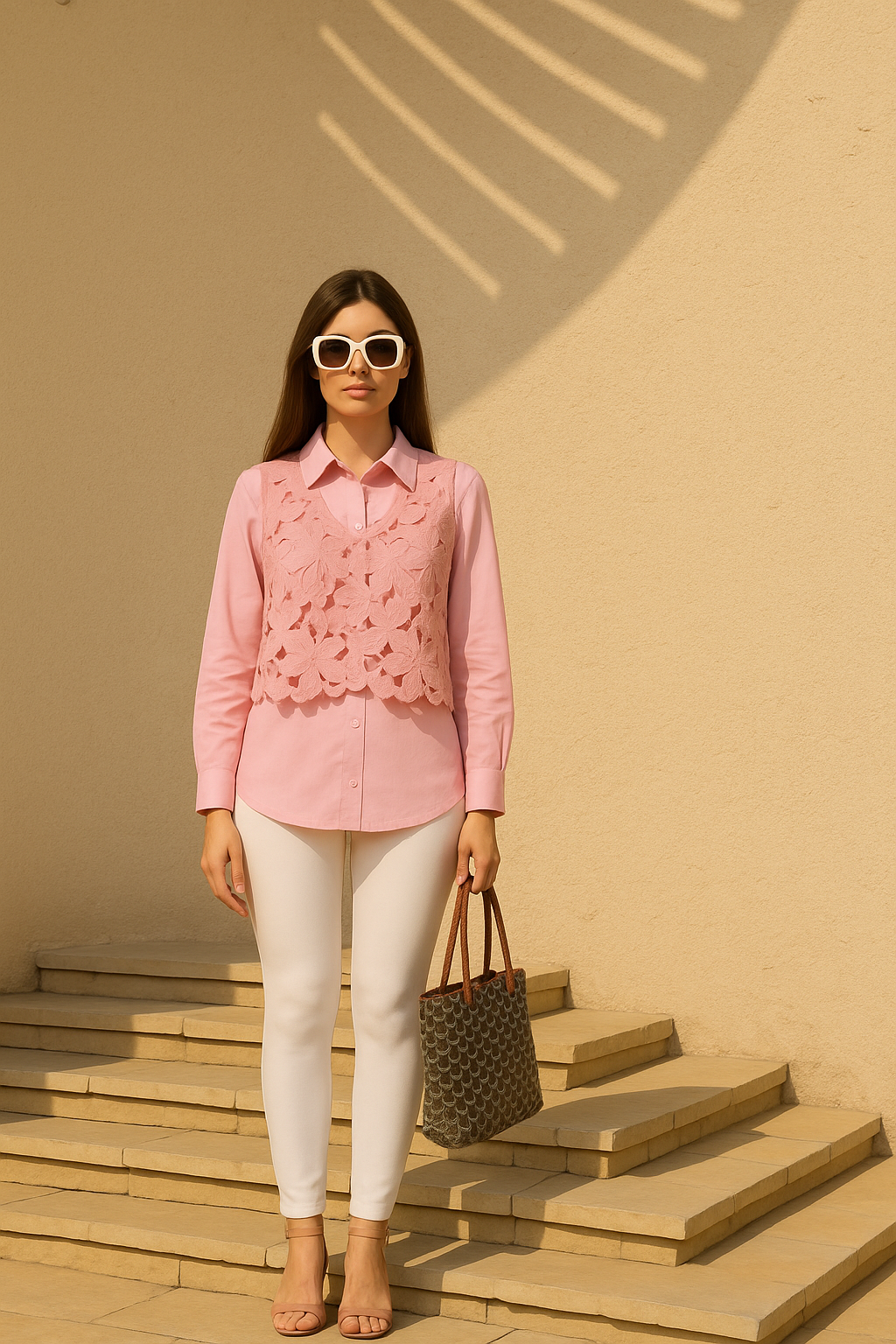 Myra Riviera Cutwork Vest with Shirt - Pink