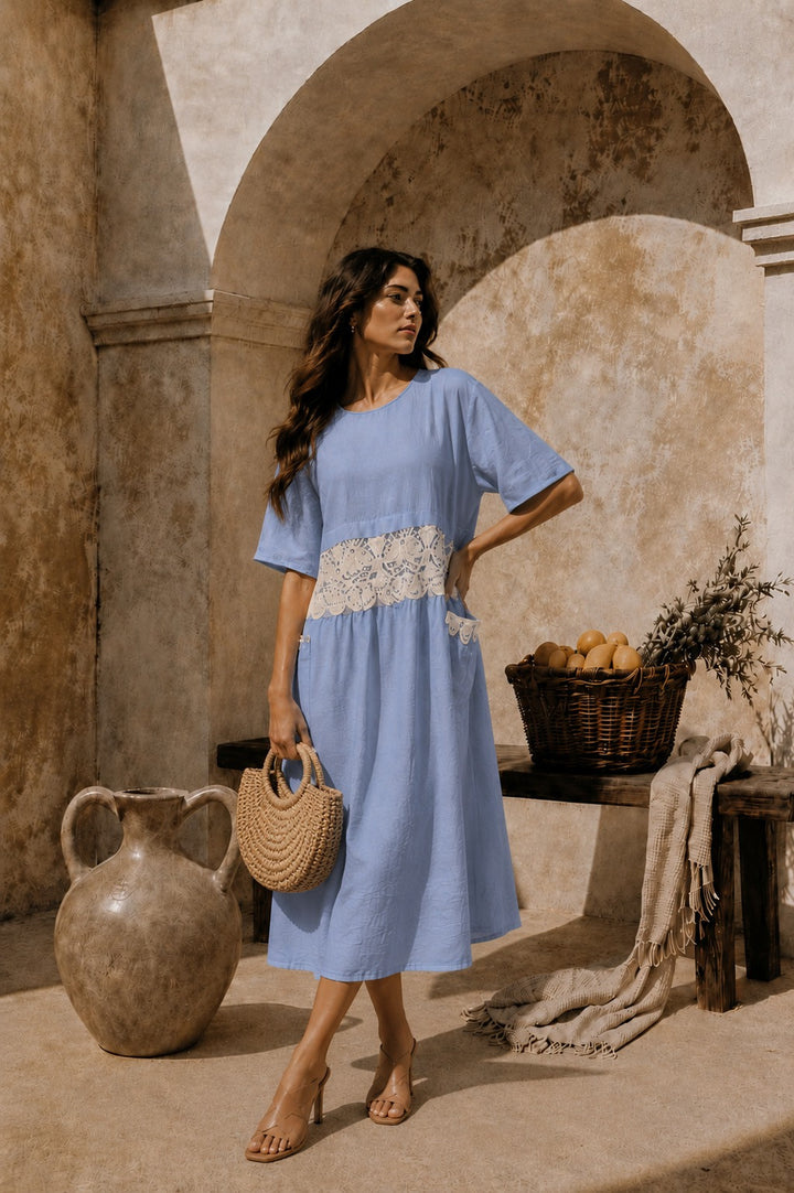 COTTON CAMERON LACE DRESS - BLUE & WHITE
