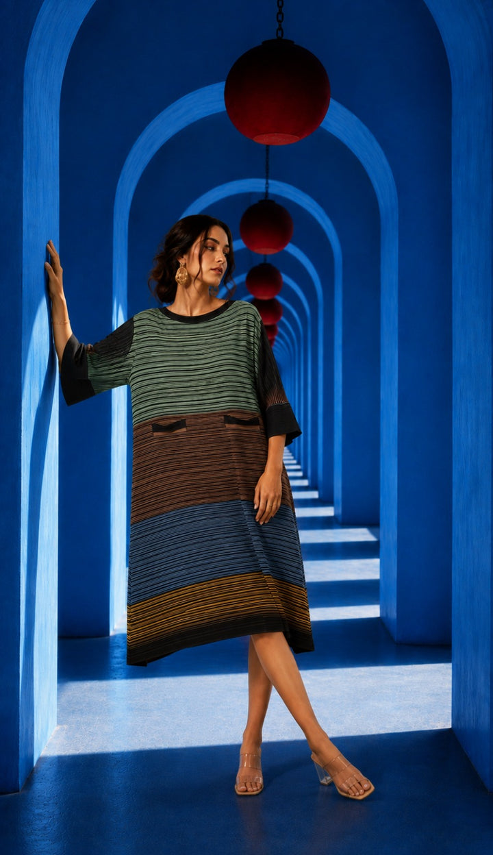 Multi Coloured Pleated Dress-Black